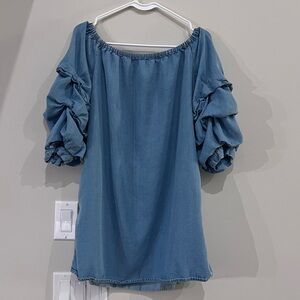 Zara Denim Off-Shoulder Women's Top Bubble Sleeves Chambray Size M